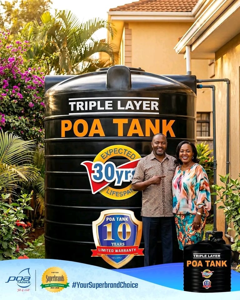 Couple posing next to a black POA triple layer water tank with 30-year warranty badge outside a home with tropical landscaping